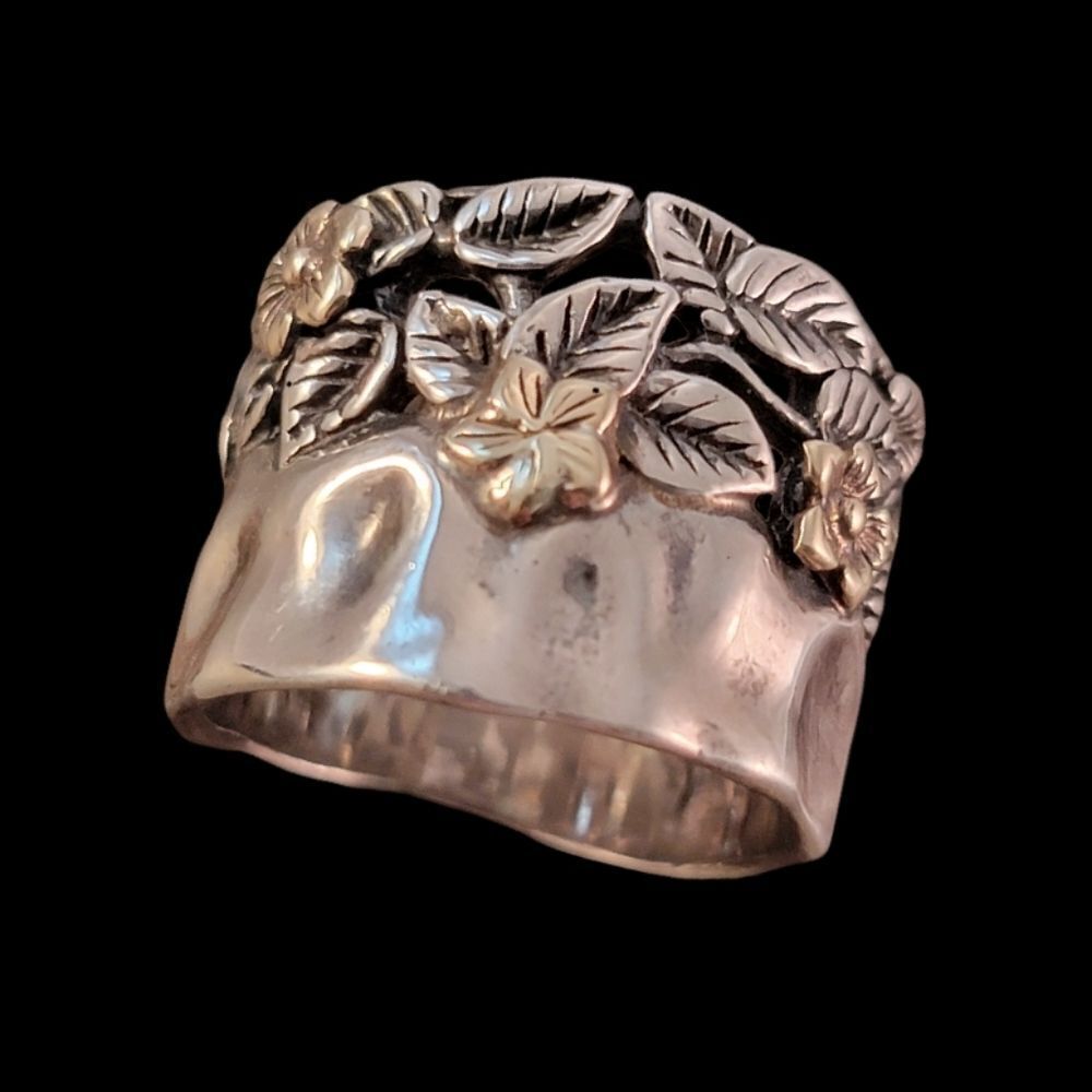 Sterling 14K Gold Paz Israel Artisan Flower Hammered Wide Ring